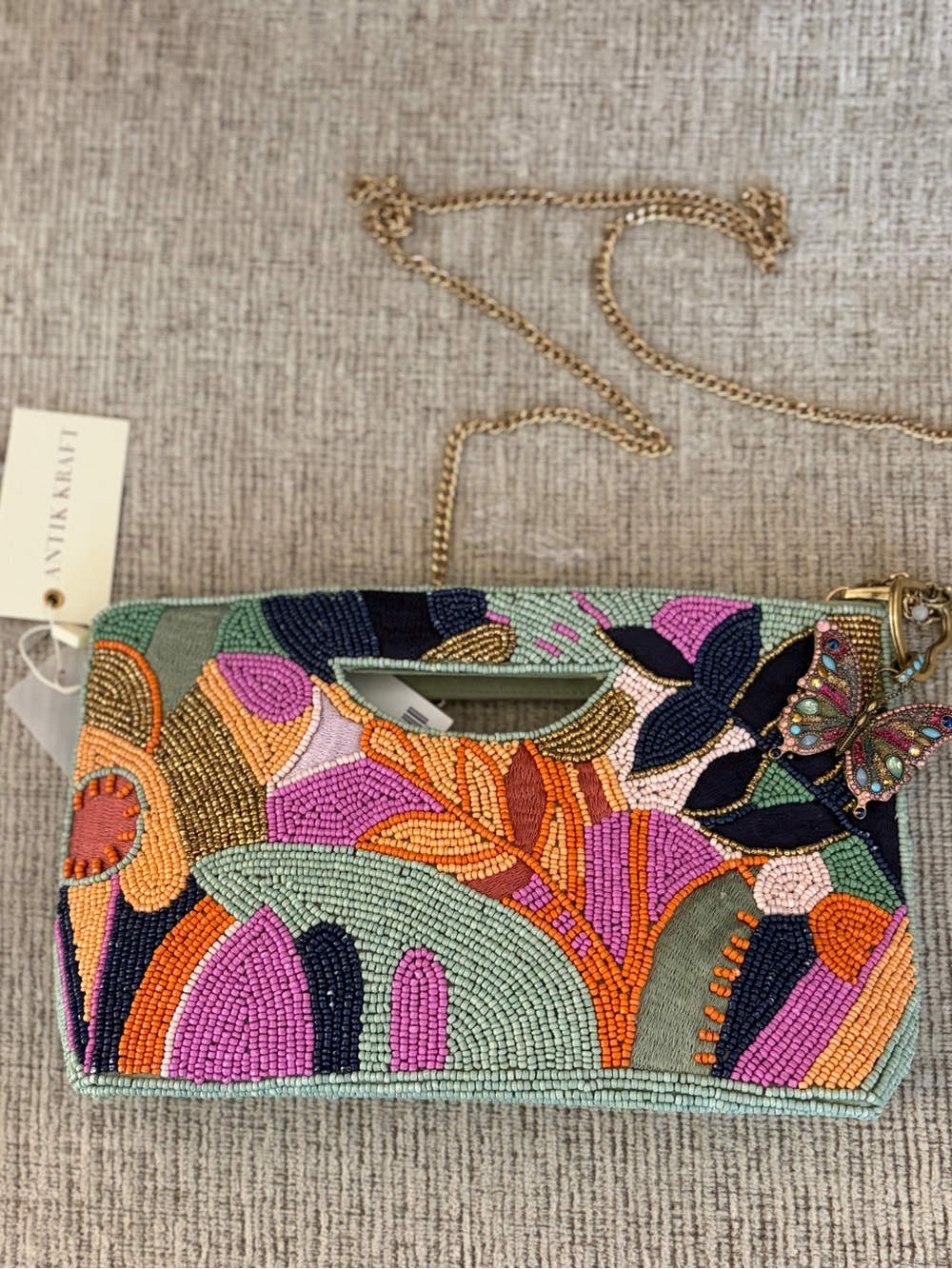 Beaded Floral Multicolor Crossbody Bag with Gold Chain